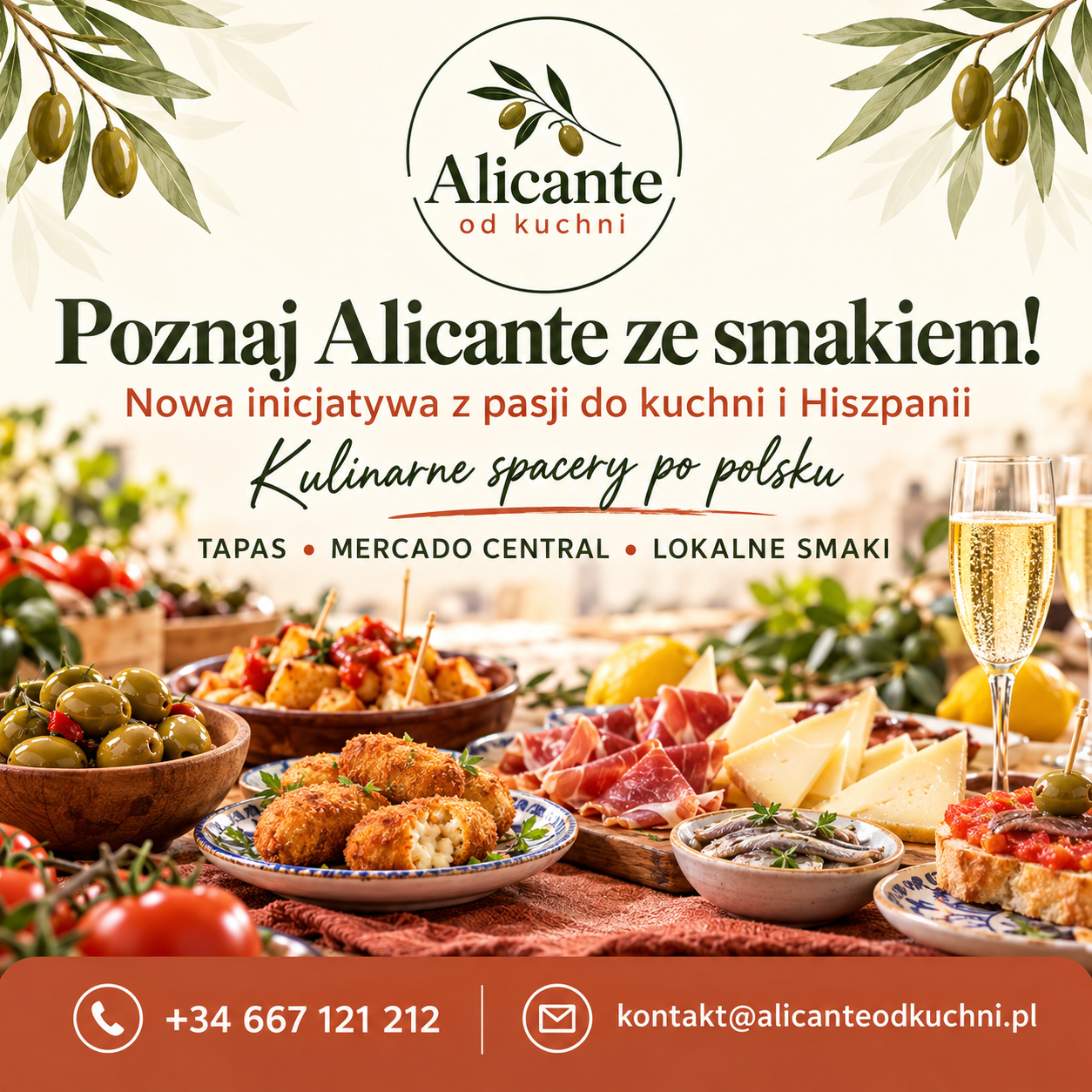 Alicante od kuchni — oliwkowa identyfikacja marki i ilustracja hiszpańskich tapas